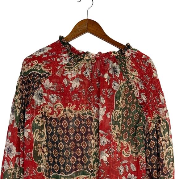 Zara Floral Sheer Long Sleeve Flowy Boho Blouse Smocked Ruffle Neck XL Red Green - Picture 7 of 15